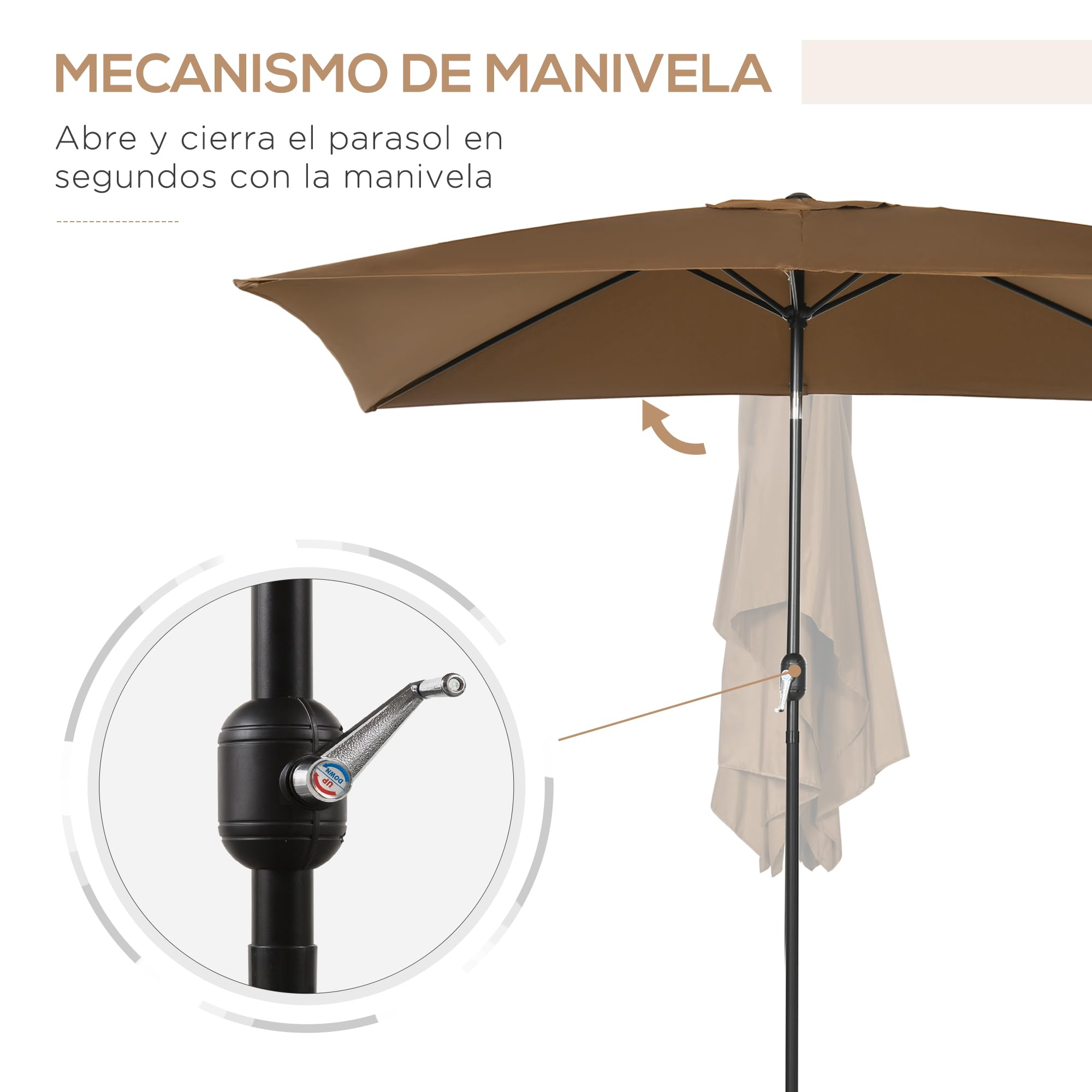 Outsunny Sombrilla de Terraza Exterior 200x300 cm Ángulo Ajustable Café | Parasol de Terraza Exterior, Mástil de Aluminio Desmontable, Manivela, Anti-UV, Sombrilla para Jardín, Patio, Café