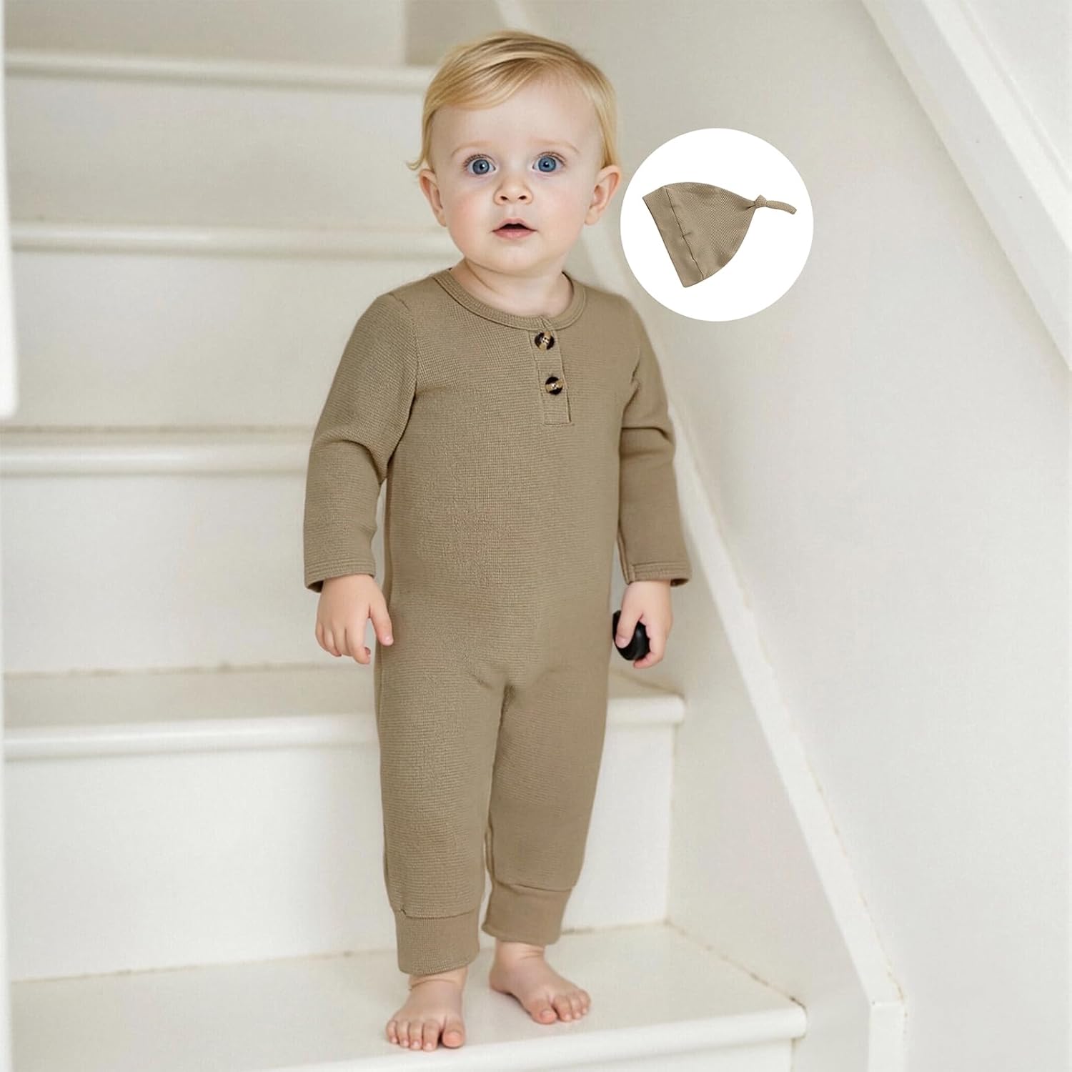 Newborn Knit Romper Hat 2 Pieces Button Up Footed Jumpsuit Baby Boy Clothes Photography Coming Home Outfit - Image 2