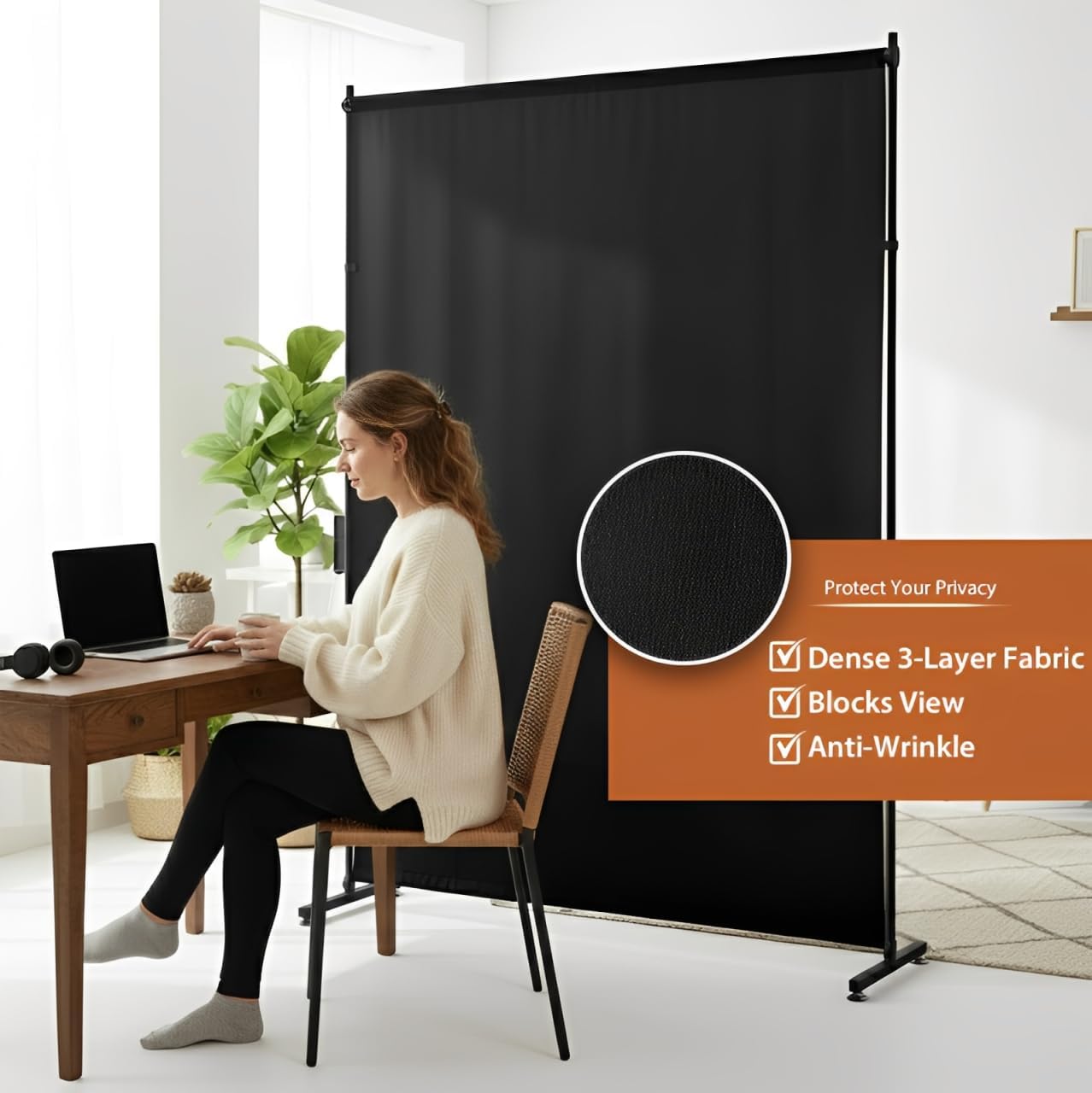 Room Divider Single Panel, 5FTX6FT Compact Privacy Screen with Thick Fabric,Temporary Partition Wall for Room Separation, Portable for Studio Apartment, Bedroom,Home Office,Black