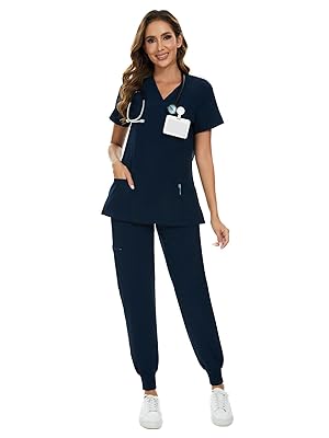 COZYFIT Scrubs for Women Set - Stretch V-Neck Scrub Top & Jogger Pant with 8 Pockets