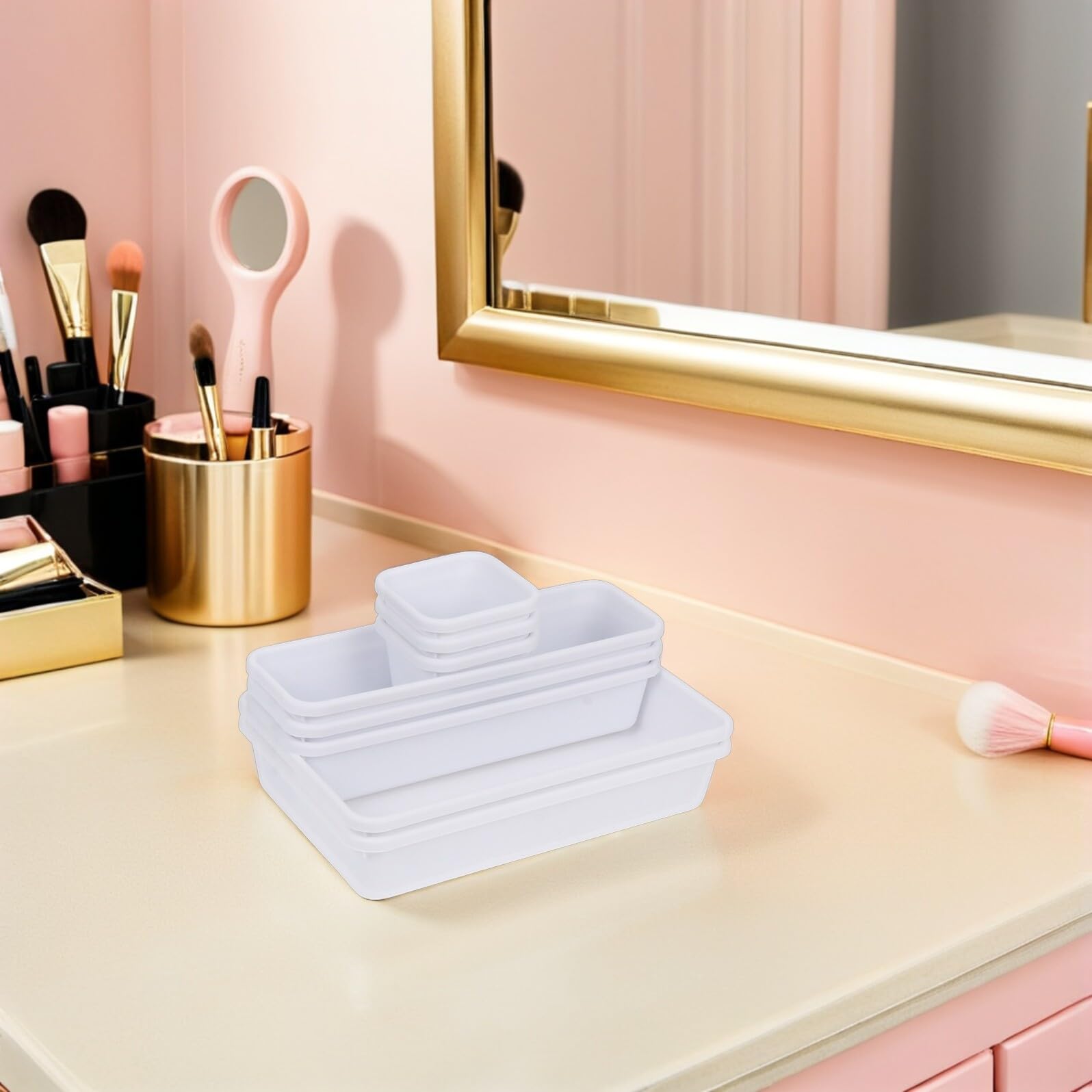 BESPORTBLE Organizer per Trucco e Scrivania in Plastica Bianca, Set 16 Pezzi Impilabile Divisori Regolabili, Custodia Portaoggetti Modulare per Bagno e Camera da Letto