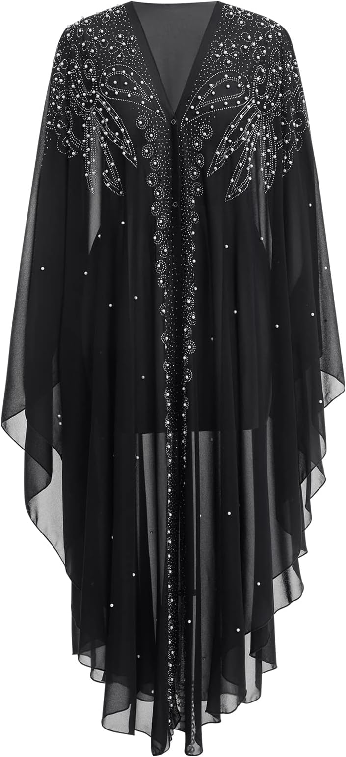 OBEEII Muslim Dress for Women Loose Batwing Sleeved Hooded Beaded Embroidery Long Abaya Dress Kaftan Abayas Islamic Robe