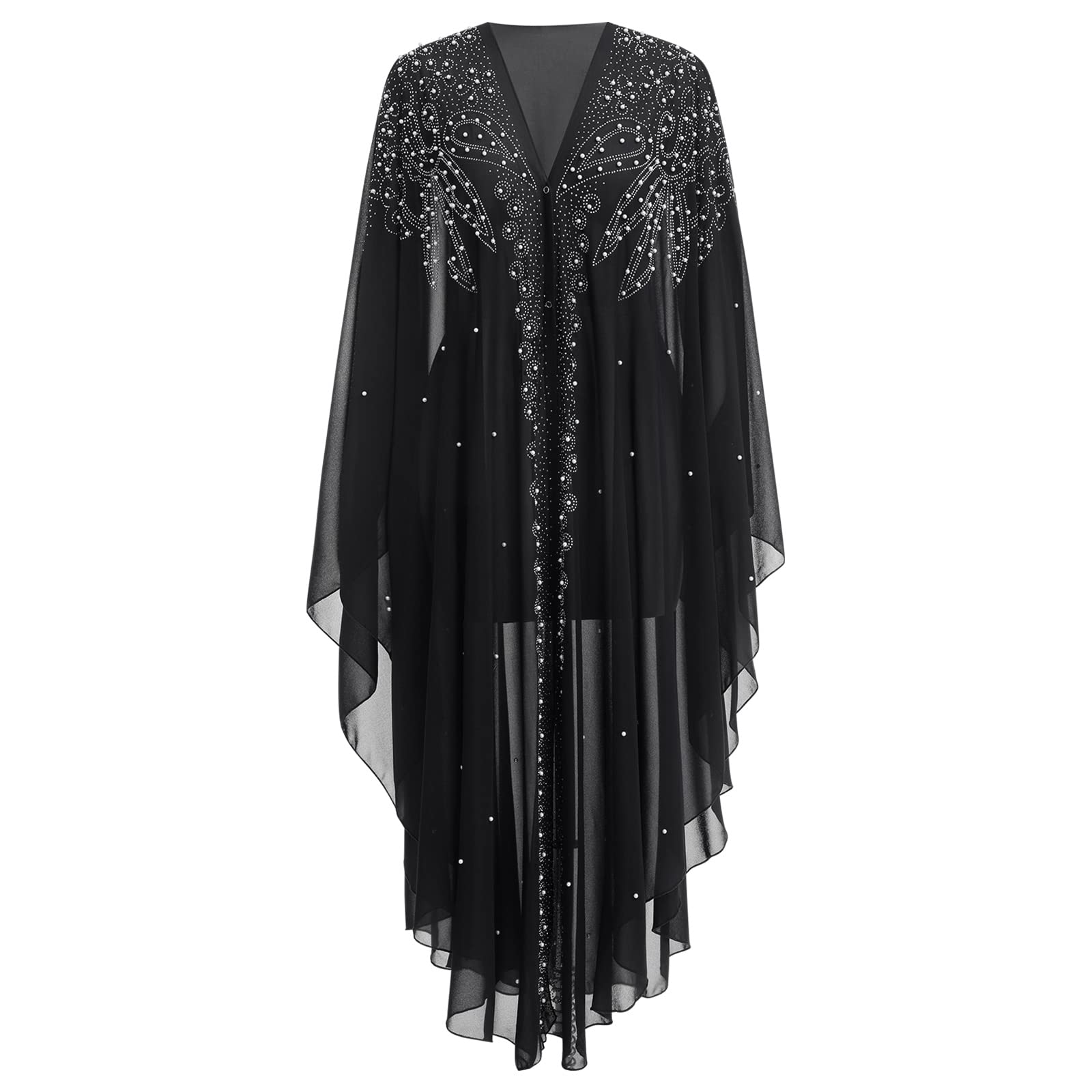 OBEEIIOBEEII Muslim Dress for Women Loose Batwing Sleeved Hooded Beaded Embroidery Long Abaya Dress Kaftan Abayas Islamic Robe