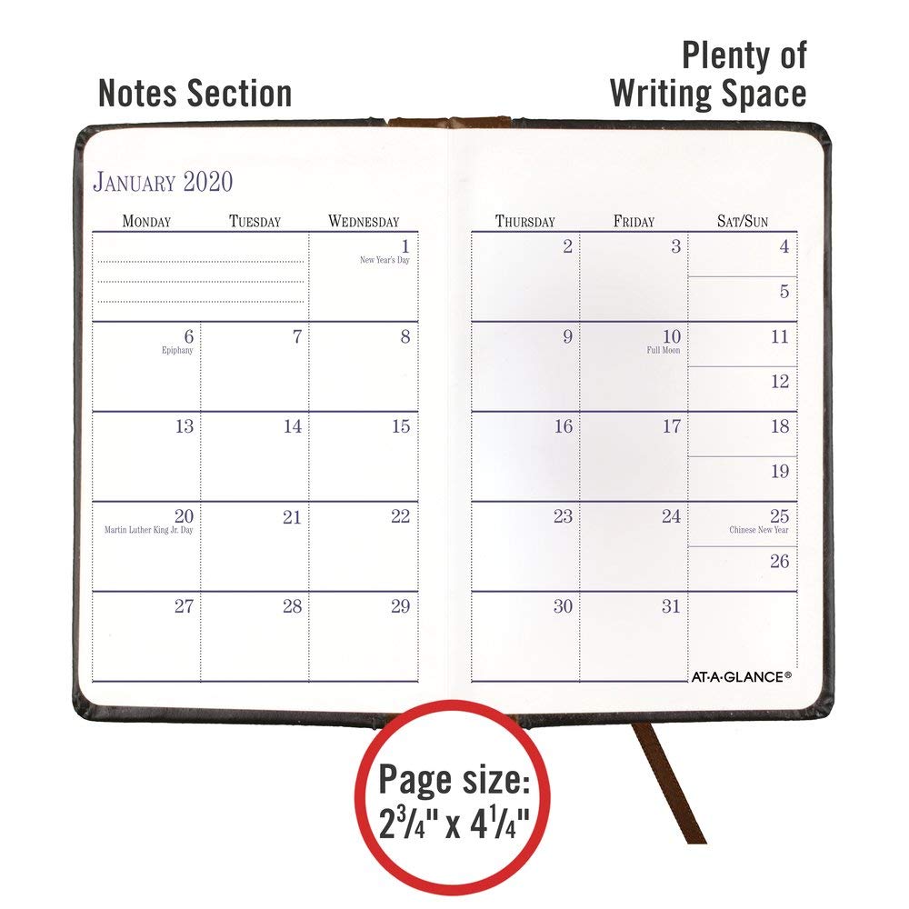 AT-A-GLANCE 2020 Agenda settimanale e mensile, 2-3/4" x 10,2 cm, tascabile, rilegatura a libro, nero (740105)