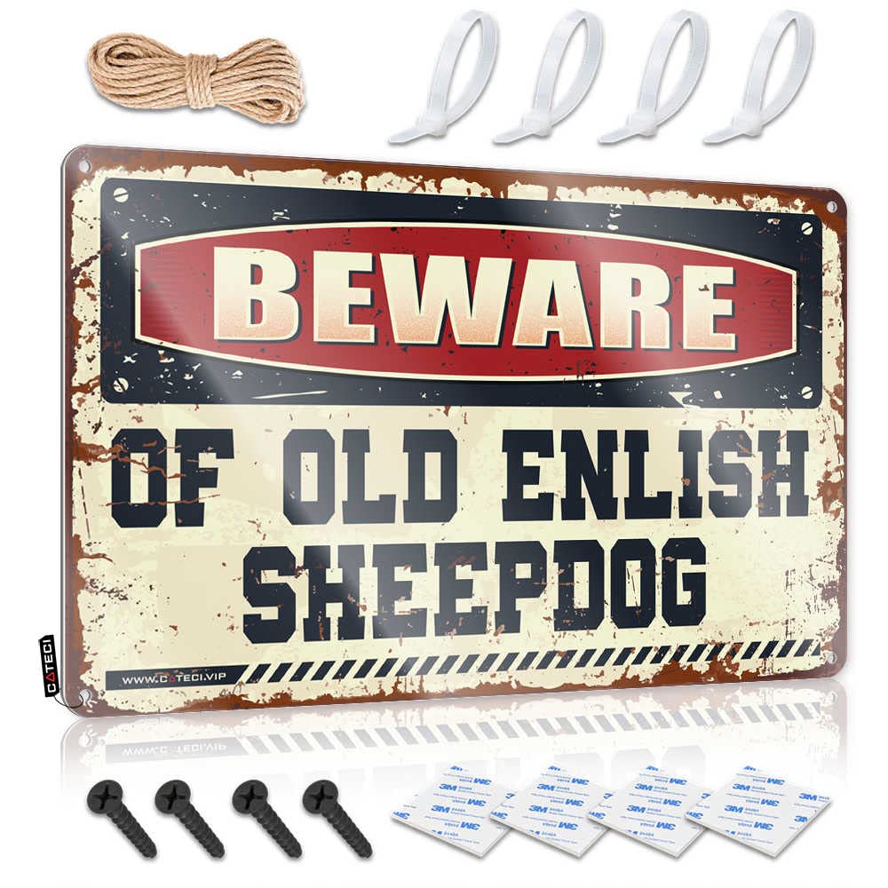 IBWNBBUSN Metal Signs Funny Beware Of Old Enlish Sheepdog Sign Funny Alcohol Signs Home Decor For Men