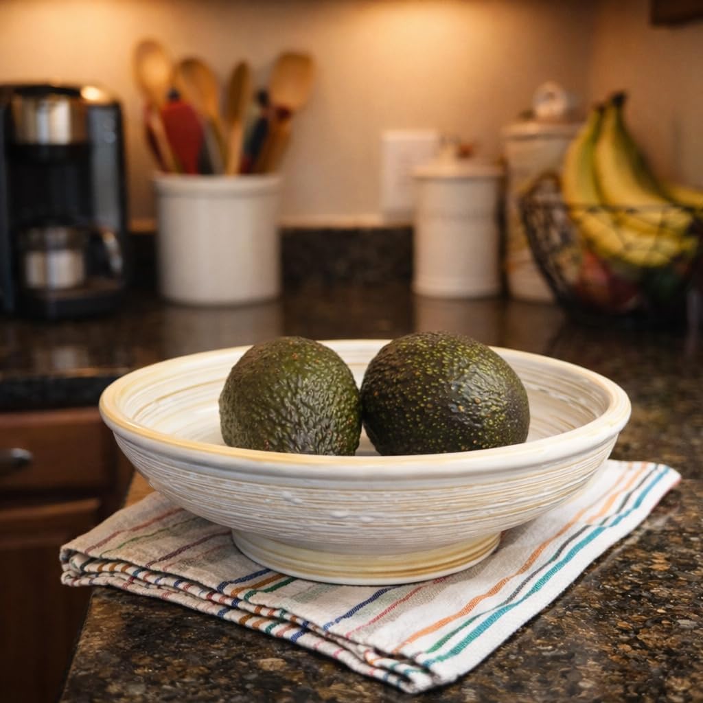 9 Inch Decorative Bowl, Embossed Textured Ceramic Centerpiece Bowl for Tabletop, Floral Fruit Display, Kitchen & Dining Serving Bowl, Farmhouse, Bohemian Home Deco