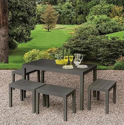 Dmora - Ensemble de salon d'extérieur Sanremo, Composition de jardin avec 1 table rectangulaire et 4 bancs, Salon intérieur et extérieur de Pic Nic, 100%...