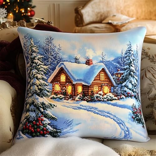 Ambattery D Cross Stitch Cushion Kit, Winter Cabin Pillow Kit 45X45cm Iy Cushion Embroidery Kit Needlepoint Handmade Needlework Cushion Kit Stitche Pillow Cover Kit