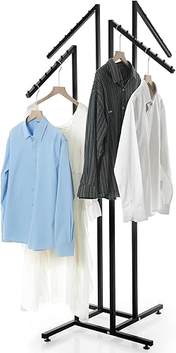 Barydat Estante de ropa de 4 vías resistente con brazos inclinados de 18 pulgadas, tubo cuadrado ajustable de 48 a 72 pulgadas para boutique,