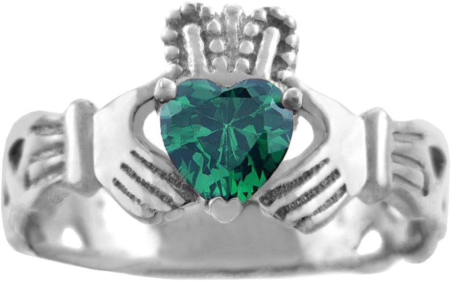 Claddagh Rings 10k White Gold Solitaire Green CZ Celtic Knot