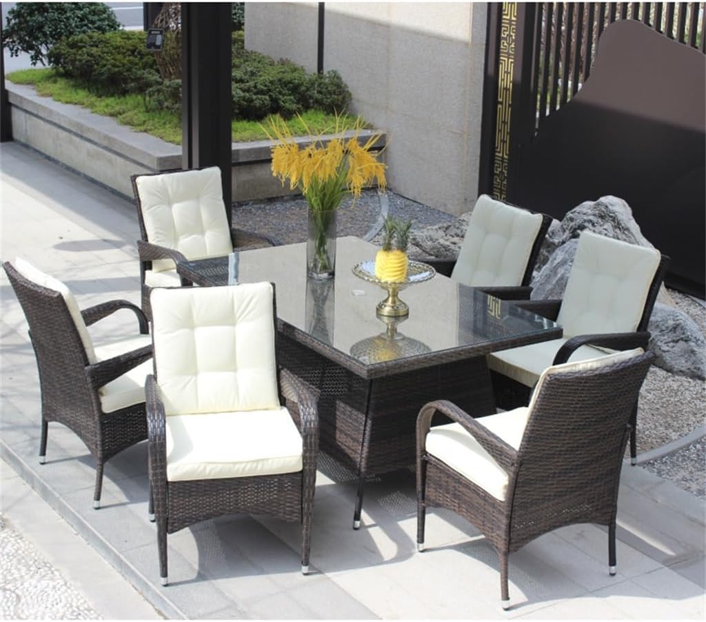 Patio 7-Piece Rectangular Dining Set with 6 Dining Chairs (Brown Beige Cushion)