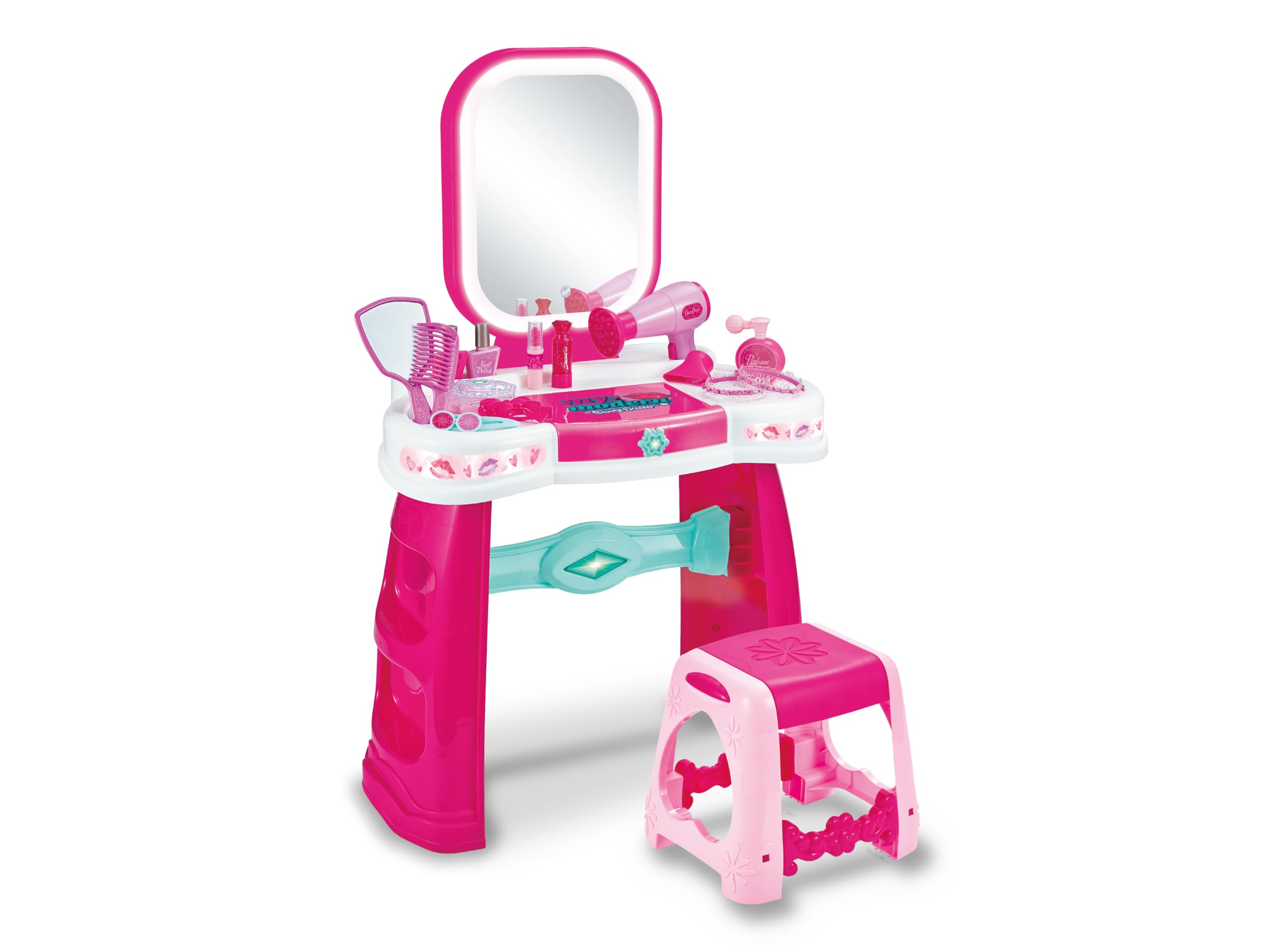 Teorema Giocattoli, Specchiera Magica Bambina con Sgabello, Postazione Trucco con Luci LED e Suoni Touch, Tavolo Trucco Interattivo, Asciugacapelli Funzionante a Batteria e Portagioie