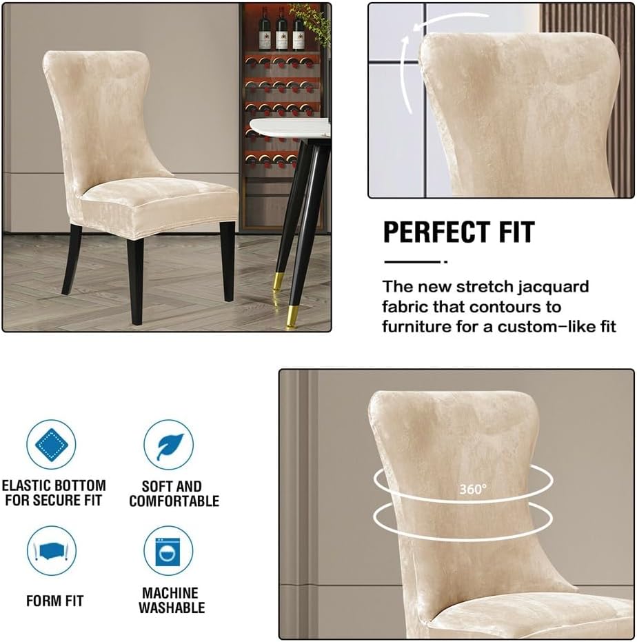 Wingback Chair Covers, Velvet Stretch Tufted Wingback Chair Cover Slipcover, Reusable Protector Arm Dining Chairfor Dining Room Banquet Home Decor, Machine Washable (Beige, Set of 4)