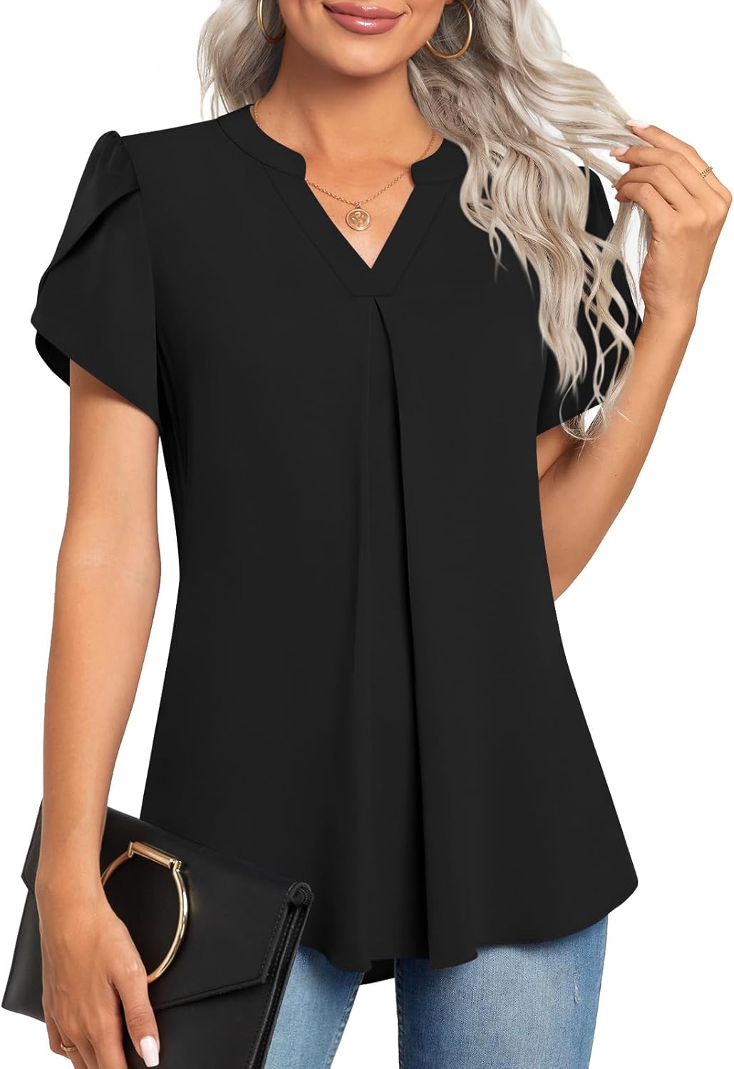 Anyhold Women's Summer Dressy Chiffon Blouse Notch V Neck Petal Sleeve Tops Loose Casual Cute Shirts for Work