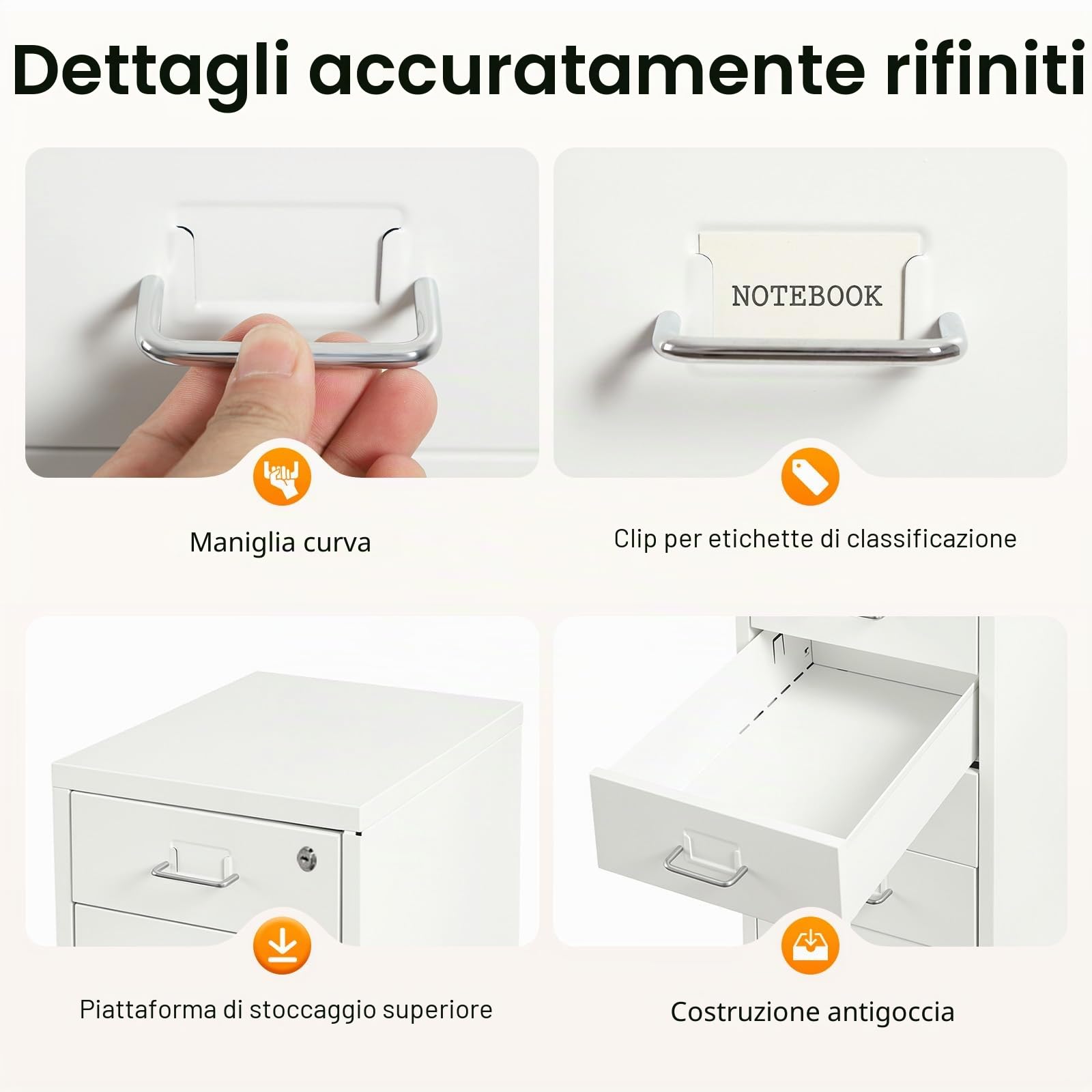 Cassettiera con 6 cassetti, armadietto con serratura, cassettiera a rotelle, in metallo, con scomparto per carte di credito, per casa, ufficio (bianco)
