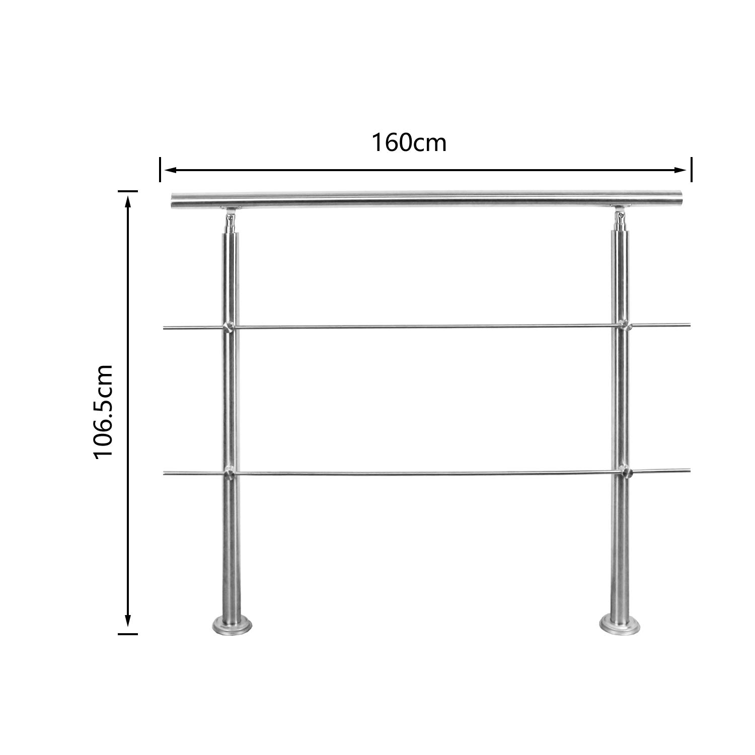 Poręcz ze stali nierdzewnej, do balustrady schodowej, na balkon, 160 cm, z 2 poprzeczkami Ø 42 mm, do wewnątrz i na zewnątrz