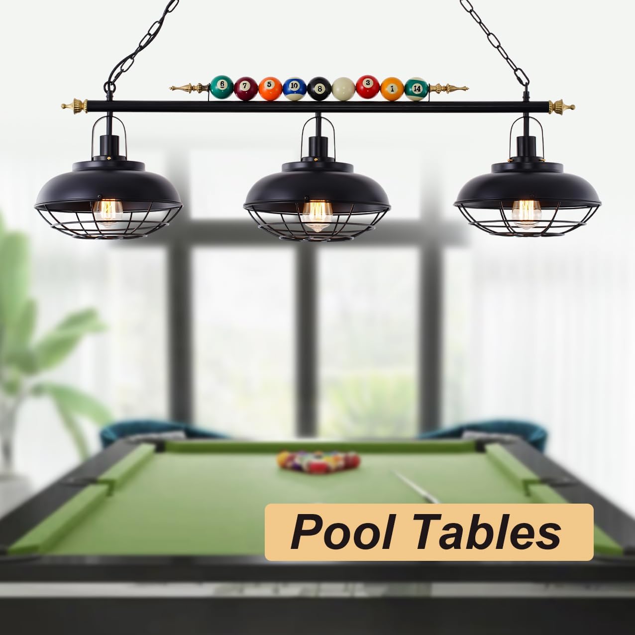 iMeshbean Pool Table Light,45" Hanging Pool Table Lighting Fixtures Ceiling Lamp Real Billiard Ball Design Pendant Lamp with 3 Metal Mesh Shades for Game Room Beer Bar