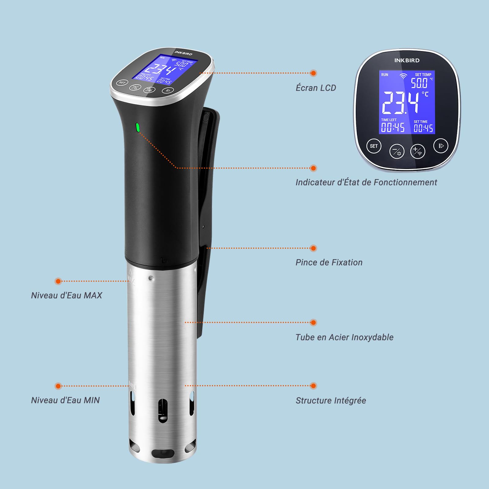 INKBIRD Wifi Thermoplongeur Cuisson Sous Vide, WLAN Sous Vide Cuiseur, 0-90 ℃ Cuisson Basse Température et Minuterie | ±0,1°C Température Précise, Recettes APP, LCD, 1000W, IPX7 Imperméable, ISV-300W