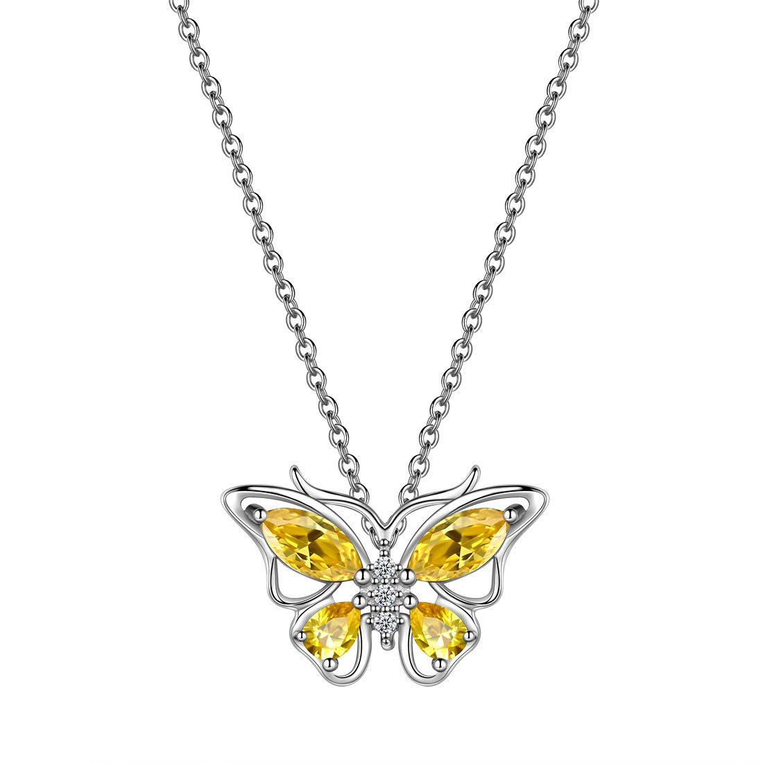 Hipunk Butterfly Birthstone Pendant Necklace - Women 925 Sterling Silver Birth Stone Animal Butterflies Pendant Crystal Birthday Jewelry