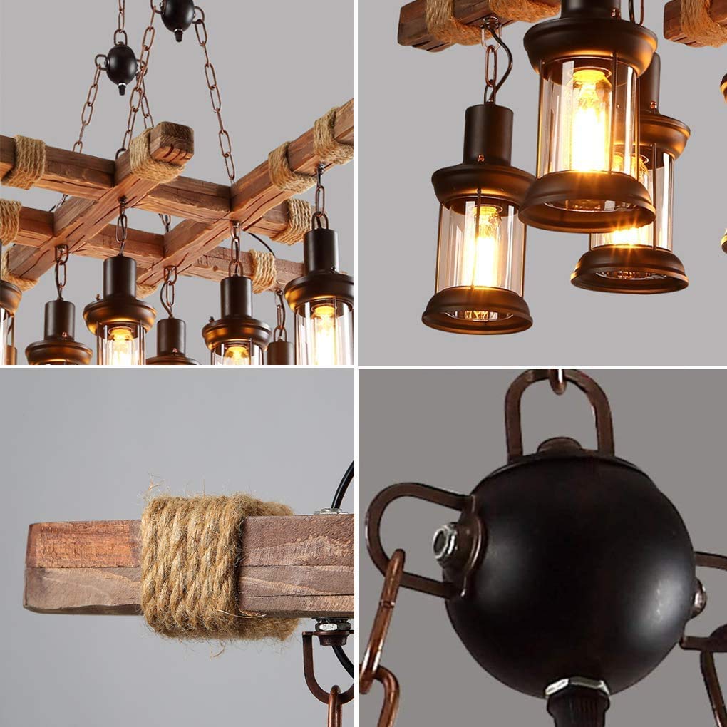 Goeco Hanglampen - Vintage - E27 - Industriële - Houten Kroonluchter Metalen Kooi Dia 25cm