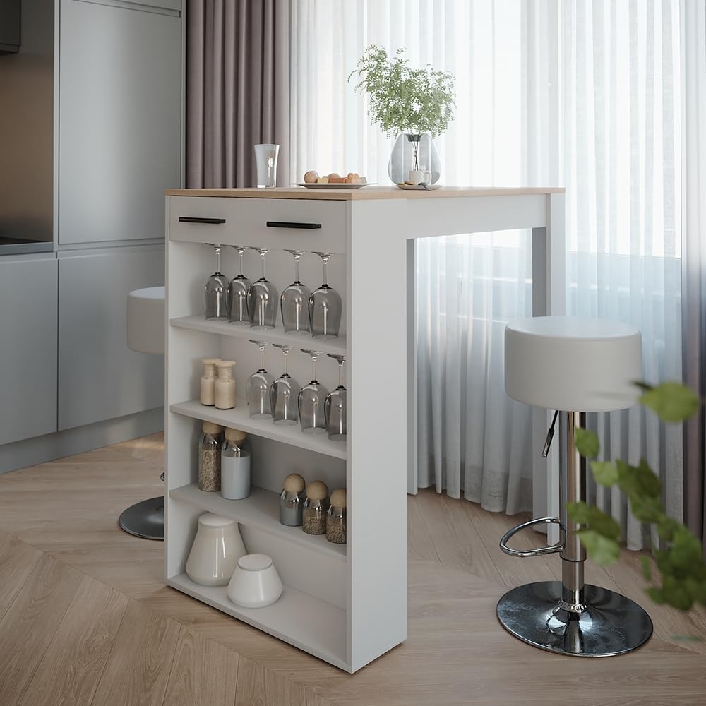 Vicco Set de Table de Bar Repose, Blanc/Sonoma, 67x100cm avec 2 tabourets de Bar, pour Une Utilisation comme Table Haute avec étagères réglables