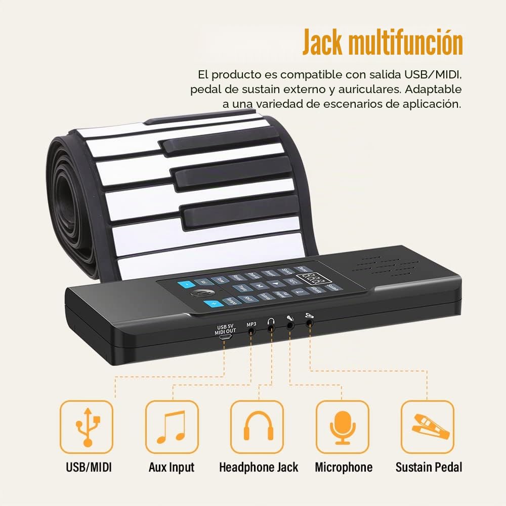 Piano enrollable de 88 teclas, piano recargable portátil mejorado, auriculares MP3 Bluetooth, entrada USB, salida MIDI, 128 ritmos, para vacaciones como el mejor regalo
