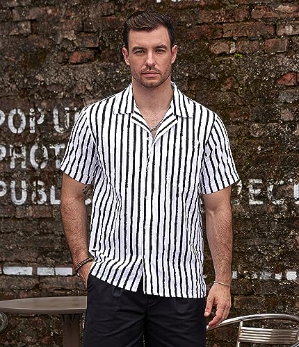 Image of VATPAVE Mens Striped Summer Shirt Casual Button Down Short Sleeve Beach Shirts Cotton Shirts for Men