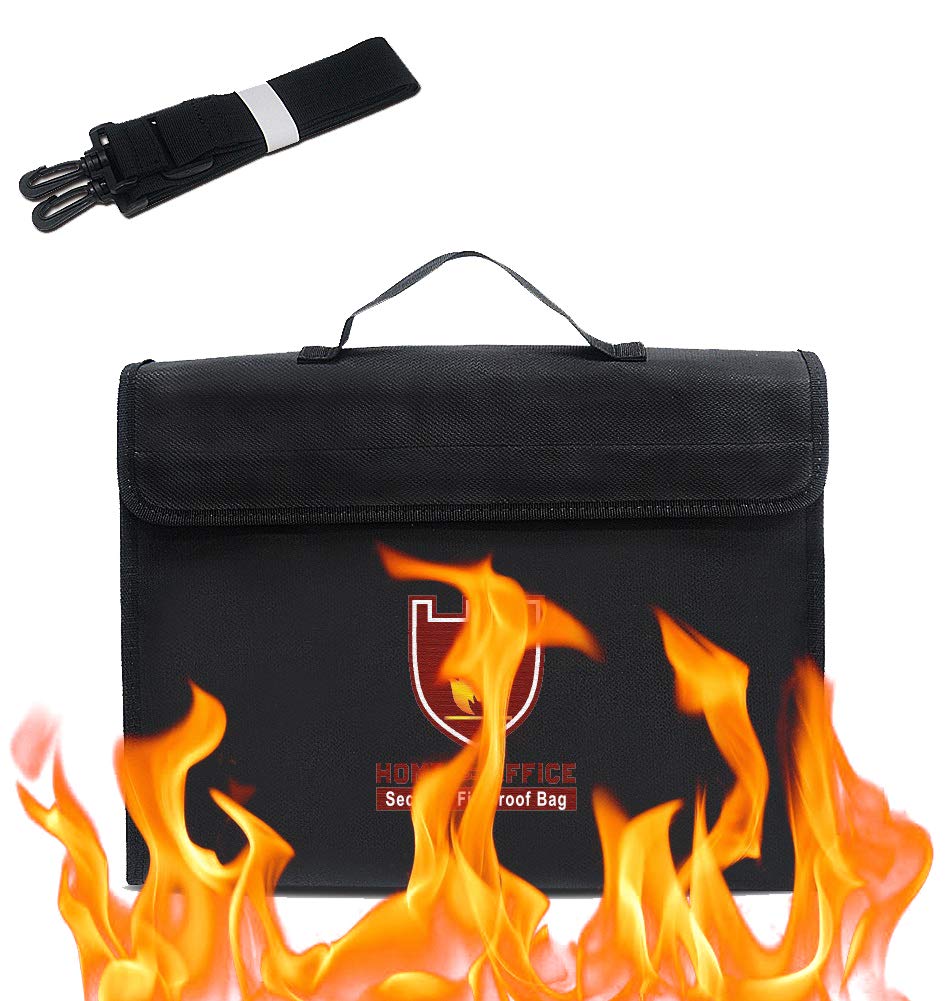 Rubik Large Capacity Fireproof Briefcase Bag with Covered Zipper and Shoulder Strap for Fire Safety Security of A4 Documents Laptop Macbook Cash Money Passports Cards for Home Office (38x28cm) Black