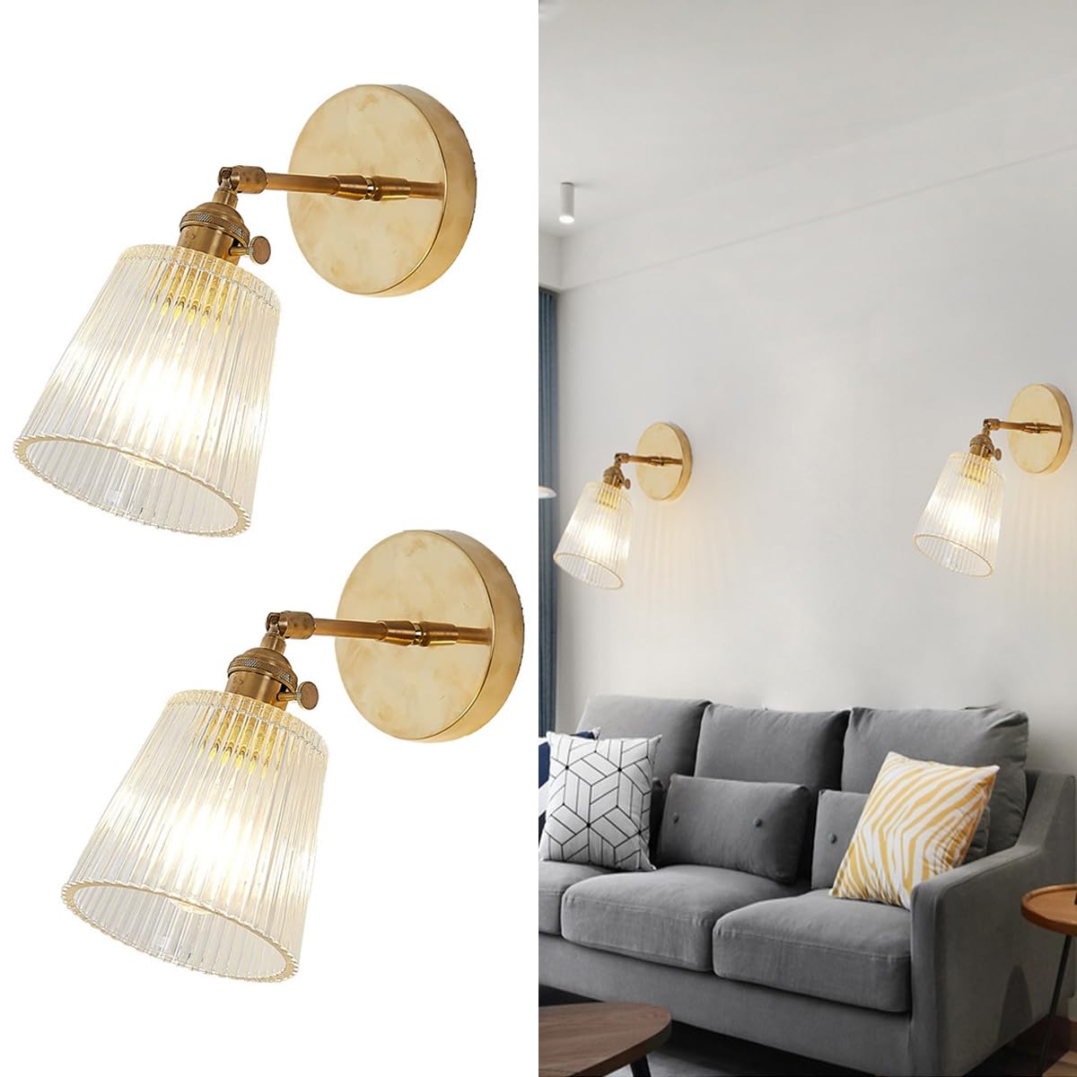 KlkrzJwy Vintage Glass Wall Lamp Angle Adjustable Wall Light Fixtures Brass Finish Wall Sconce E27 Wall-mounted Light For Living Room Bedroom Office Kitchen Loft Bar