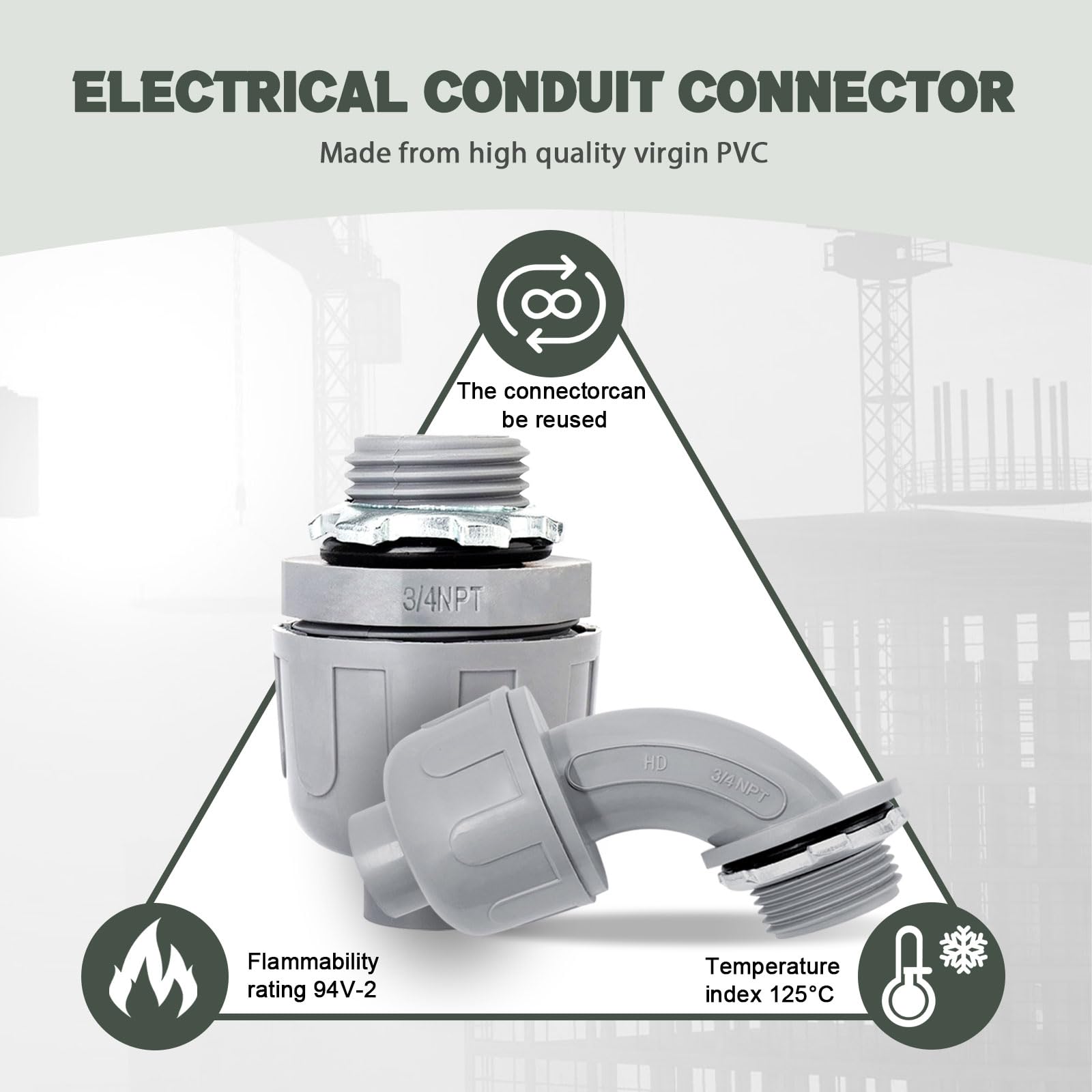 Paquete de 10 conectores herméticos a líquidos de 2 pulgadas, accesorios de conducto eléctrico de PVC, rectos, conectores flexibles no metálicos de 90 y 180 grados para el hogar, baño y