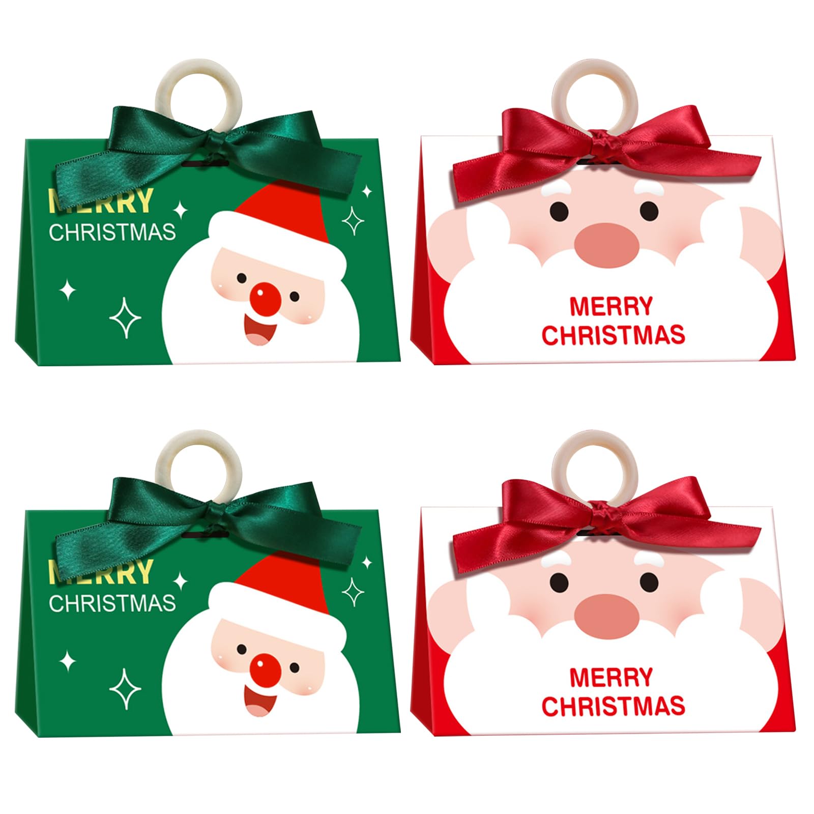 KASESSS 4 Pcs Christmas Party Favour Boxes, Folding Christmas Eve Box, Large Xmas Snacks Candy Boxes, Candy Box with Ribbon and Wooden Handle for Sweet Cookie Xmas Party Decorations, Red, Green