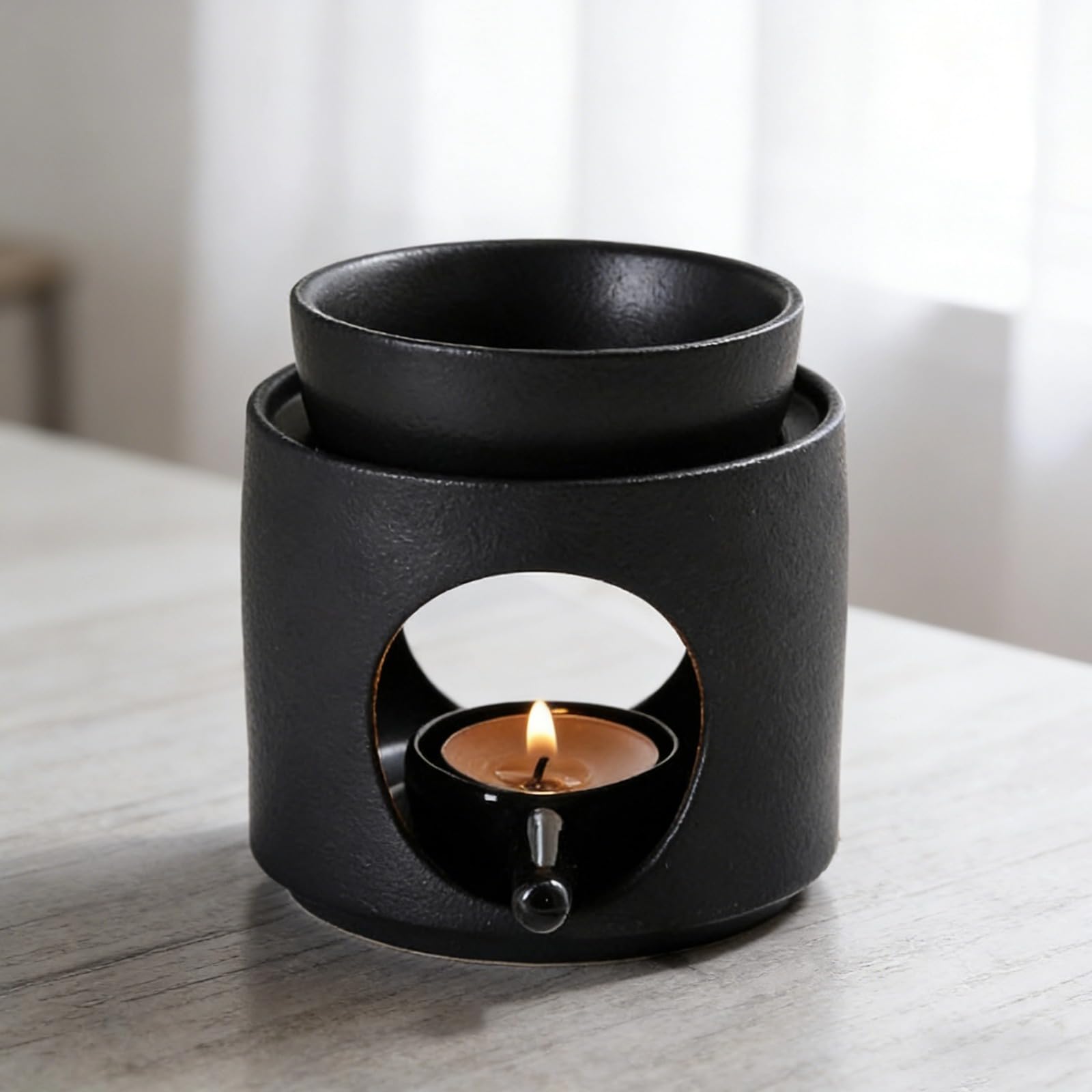 Brûle-Parfum en céramique Noire, diffuseur d'huile Mat élégant avec Support pour Bougie Chauffe-Plat, capacité 100 ML, Plateau à Bougie séparé, brûleur Parfum d'intérieur pour Spa, Yoga