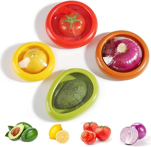 4 Pcs Vegetable and Fruit Storage Containers for Fridge, Refrigerator Vegetable Crisper Makes Food Stays Fresh Longer, BPA Free & Reusable, Ideal Avocado Lemon Tomato and Onion Keeper/Saver/Holder (A)