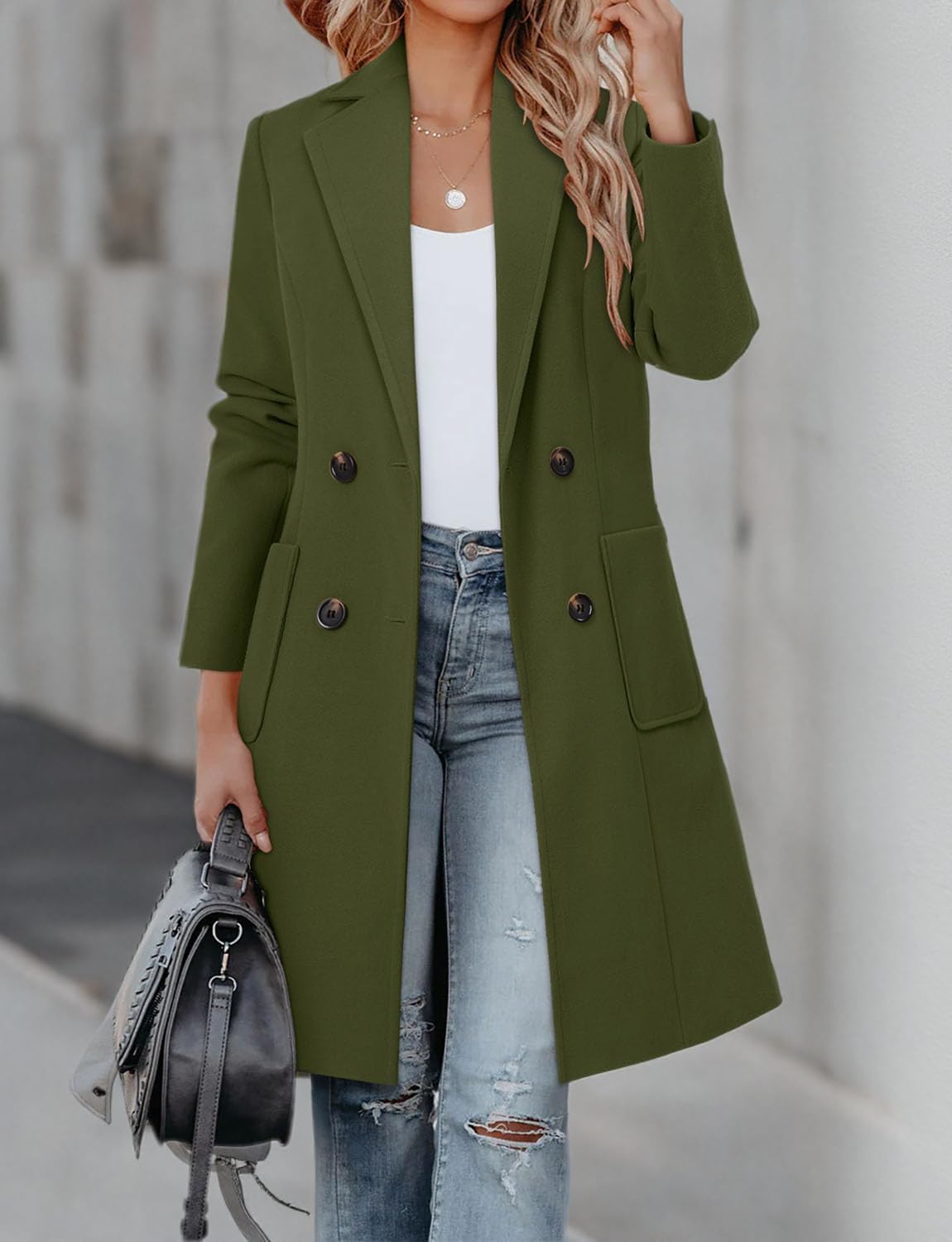 CHICZONE Women's Notch Lapel Double Breasted Mid Long Pea Coat Wool Blend Overcoat Winter Outwear - Image 6