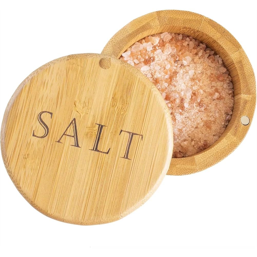 UDSKNV[KSL 1pc Bamboo Storage Box Salt Container Salt Engraving on the Lid Magnetic Twist-Off Lid