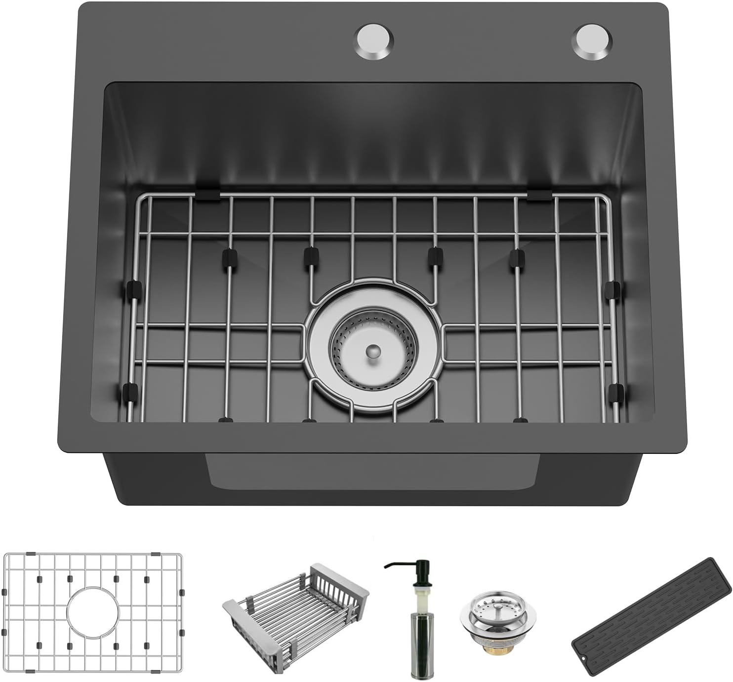 Black Kitchen And Bar Sink, 20x16 Inch Stainless Steel Drop In Kitchen Sink Modern Single Bowl Topmount Bar Sink Combo-SS Grid,Silicon Mat,Drain Strainer Set Compatibility With Various Kitchen & Bar