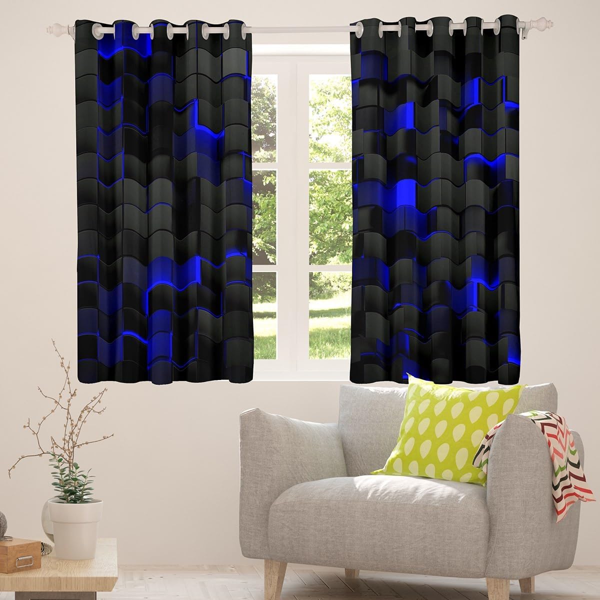 Erosebridal Geometric 50% Blackout Curtains 38" Wx45 L Black Navy Royal Blue Window Curtains for Boys Men Gamer Room Decor,Neon Abstract Stereoscopic Check Grid Plaid Window Drapes 2 Panels - Image 6