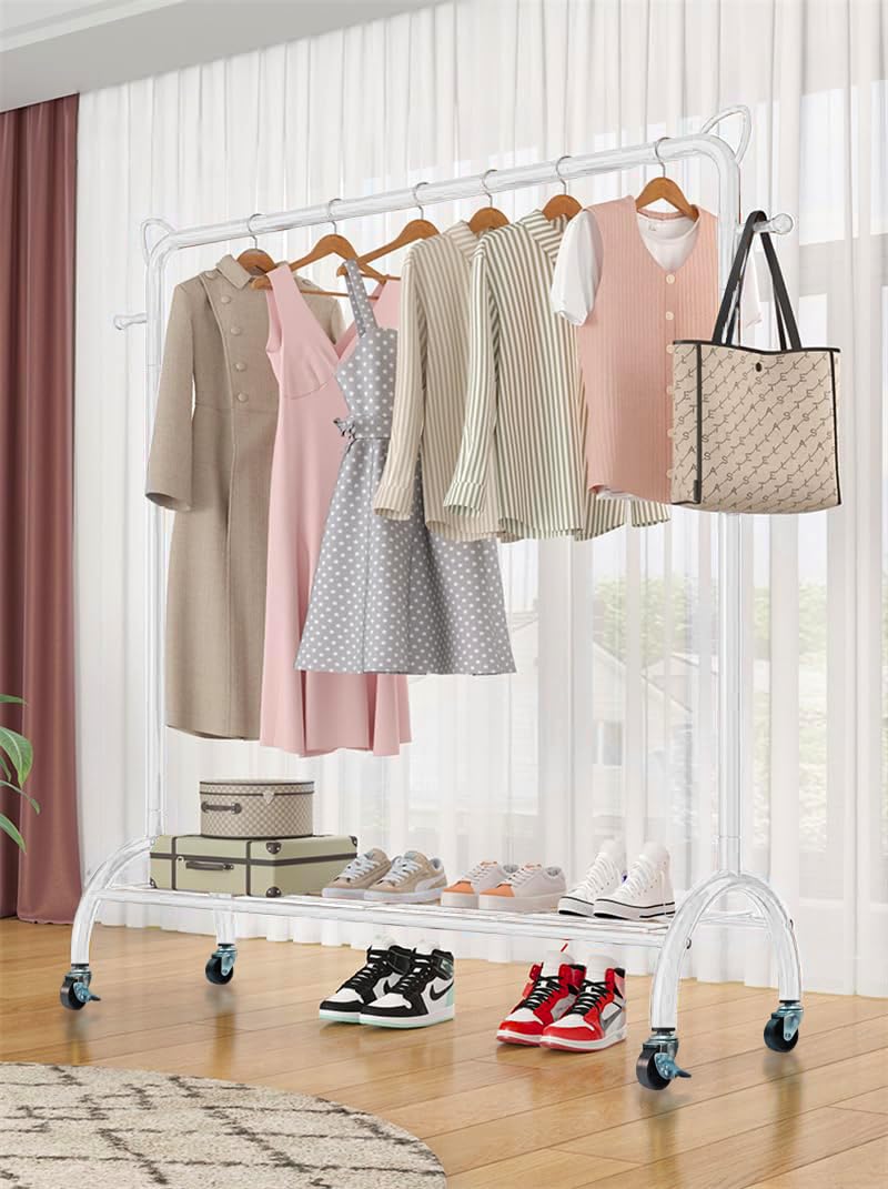 Lukzer Multi-Functional Cloth Rack Stand with Bottom Shelves & Wheels – Metal Storage Rack for Hanging Clothes, Coats, Hats – DIY Cloth Hanger (148 x 120 x 38 cm, White) (CH-017)