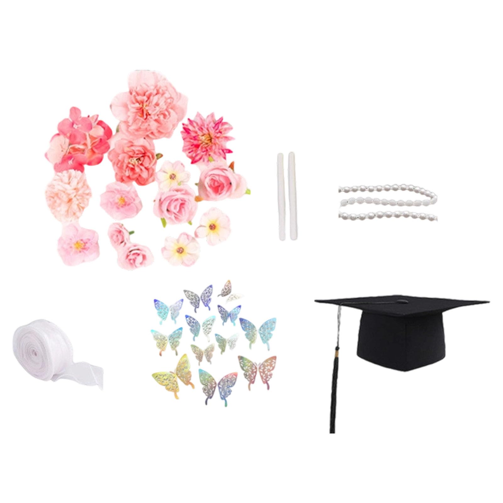 Tsophreniq Hat Embellishments with Artificial Flower Pearls Chain Butterfly Sticker for Art Craft Decoration Graduation Hat Craft Set
