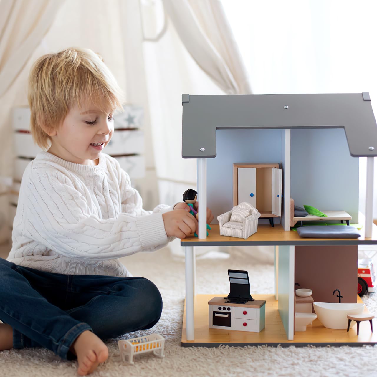 Toddmomy 1:12 Miniatur Sofa Set für Puppenhaus Möbel, Elegante Couch mit Kissen, Holz Mini Möbel Puppenstube Zubehör, Dekoration für Wichteltür & Wichtel Wohnzimmer