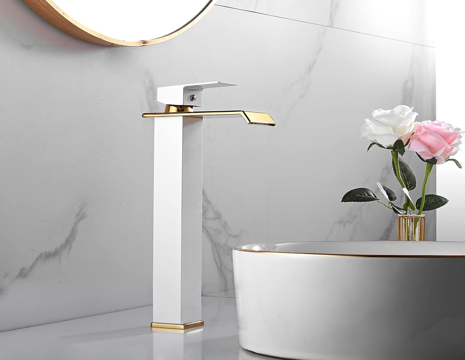 Bathroom Vessel Sink Faucet White Gold Waterfall Single Handle One Hole Bowl Sink Faucet Vanity Lavatory Faucets Bath Pop Up Drain Stopper Without Overflow Gold Drain Assembly