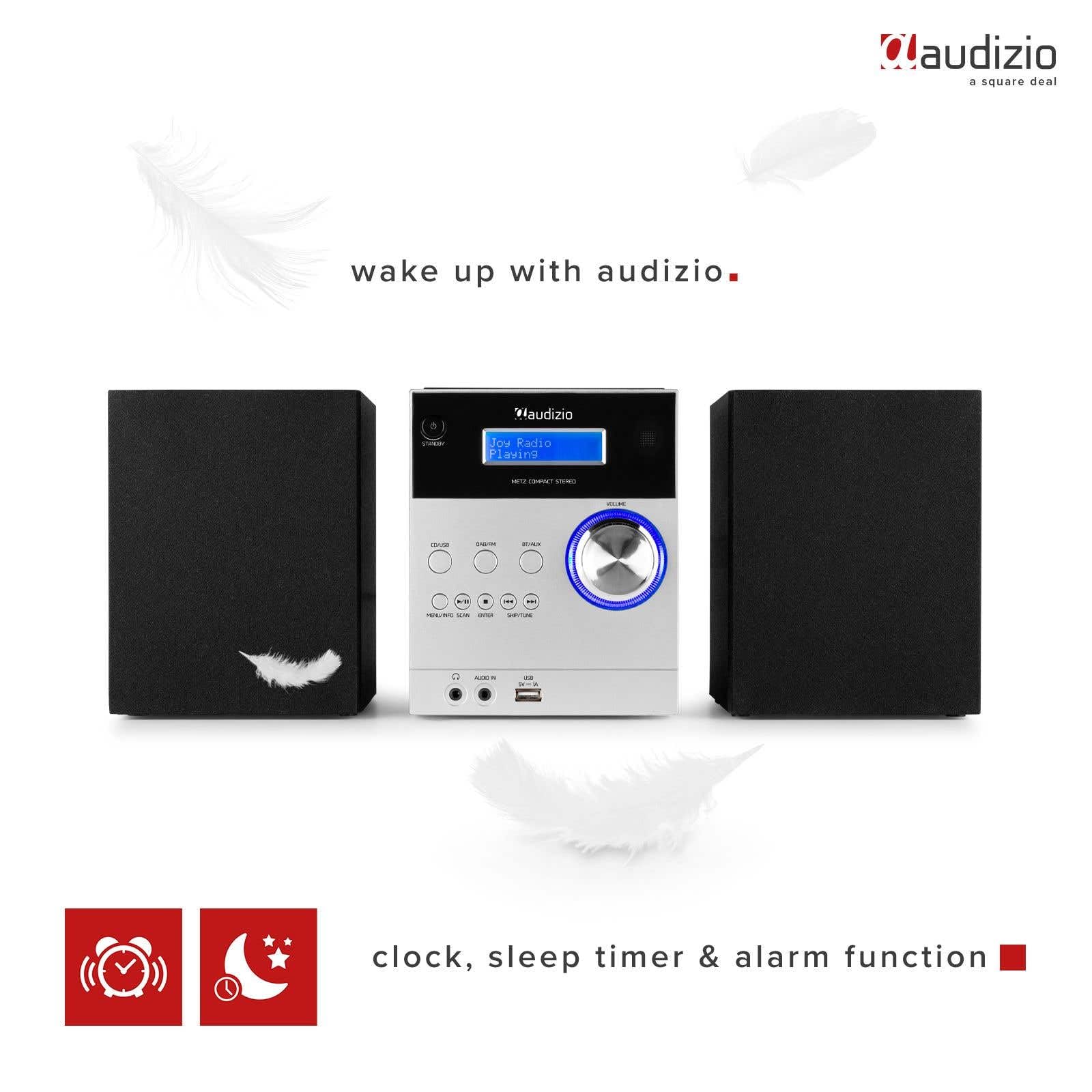 Audizio Metz - Radio Système HiFi Dab+ et Lecteur CD avec Bluetooth - Aluminium, Écran LCD, Lecteur MP3, Radio FM, Télécommande Incluse, Idéale pour Écouter Vos Stations et Musiques Préférées