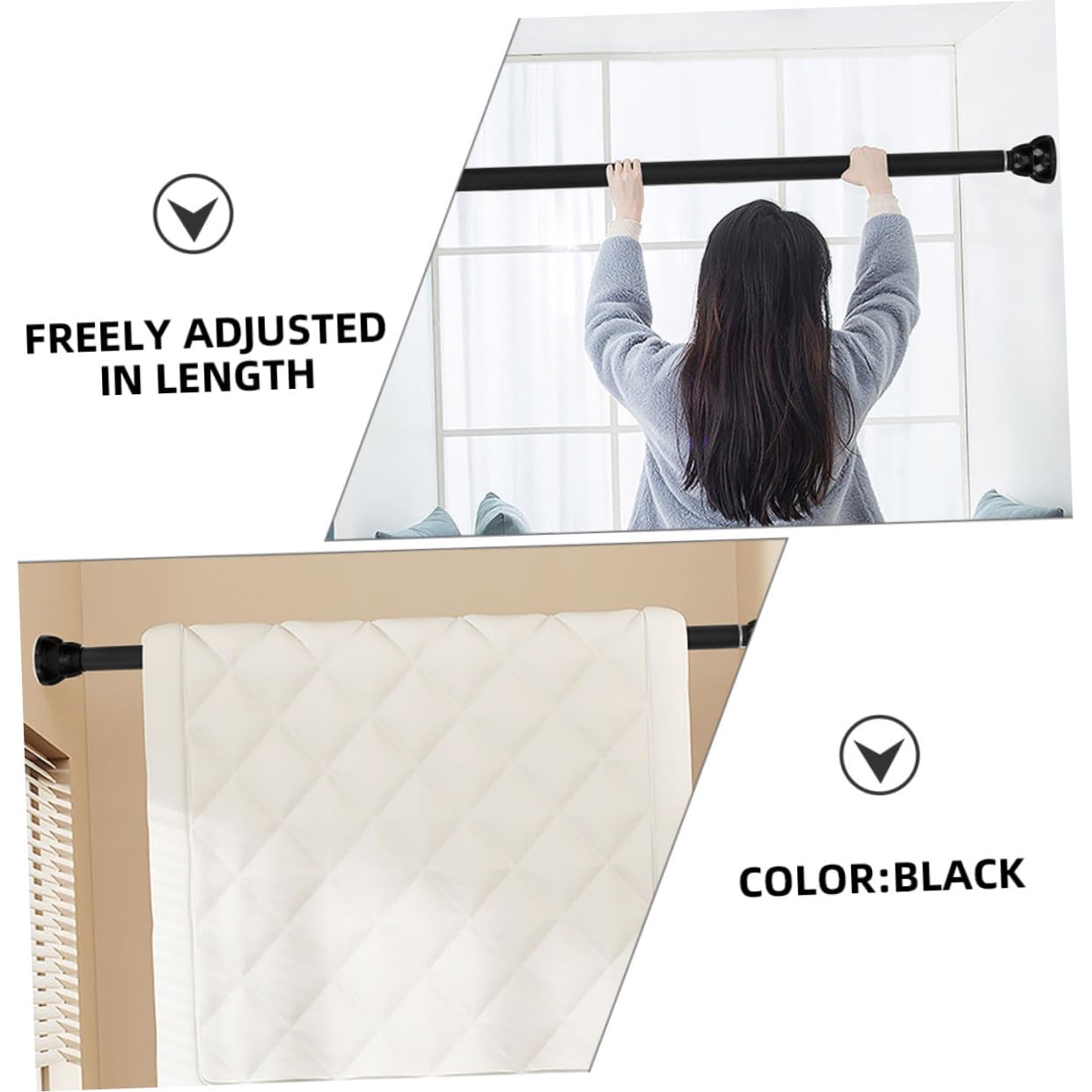 GALPADA 2 piezas Barra de Tensión Extensible para Ropa y Cortinas sin Taladro Ajustable para Baño Armario Dormitorio y Balcón Negro