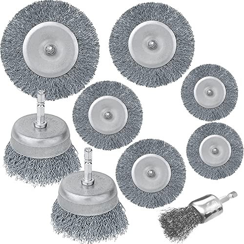 Juego de cepillos para rueda de alambre, 9 piezas, vástago hexagonal de 1/4 pulgadas, rueda de alambre de acero al carbono prensado grueso para taladro para limpieza de óxido y abrasivo Cover