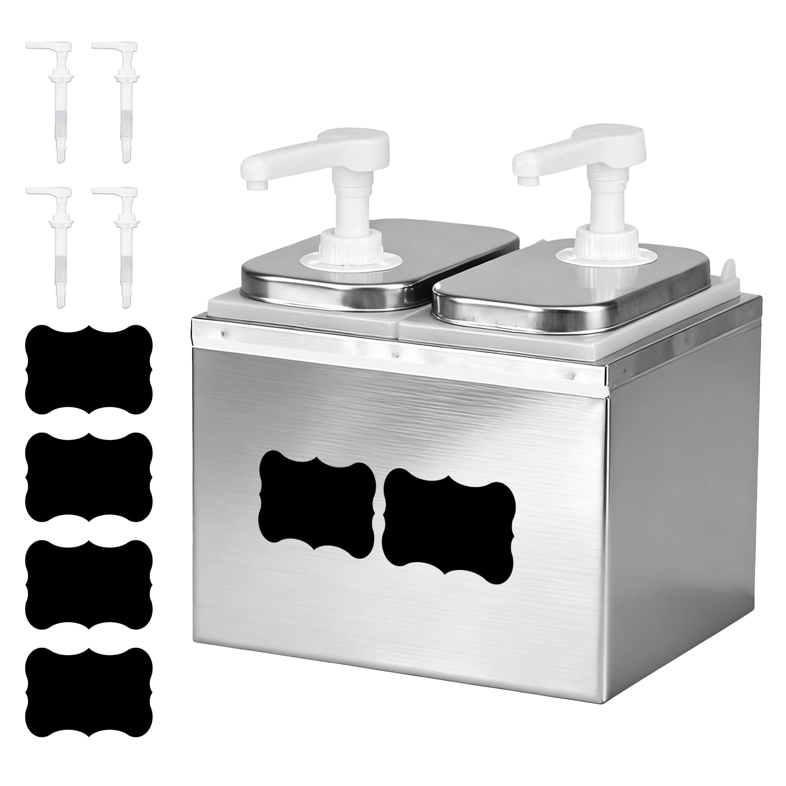 5L Ketchup Spender, Saucenspender mit 2 Pumpen, 4 Etiketten, Abnehmbar, Drehbaren Pumpen, Edelstahl-Gewürzpumpstation, für Küche und Restaurant Ketchup, Salatdressing, Mayo, Honig, Sojasauce und Essig