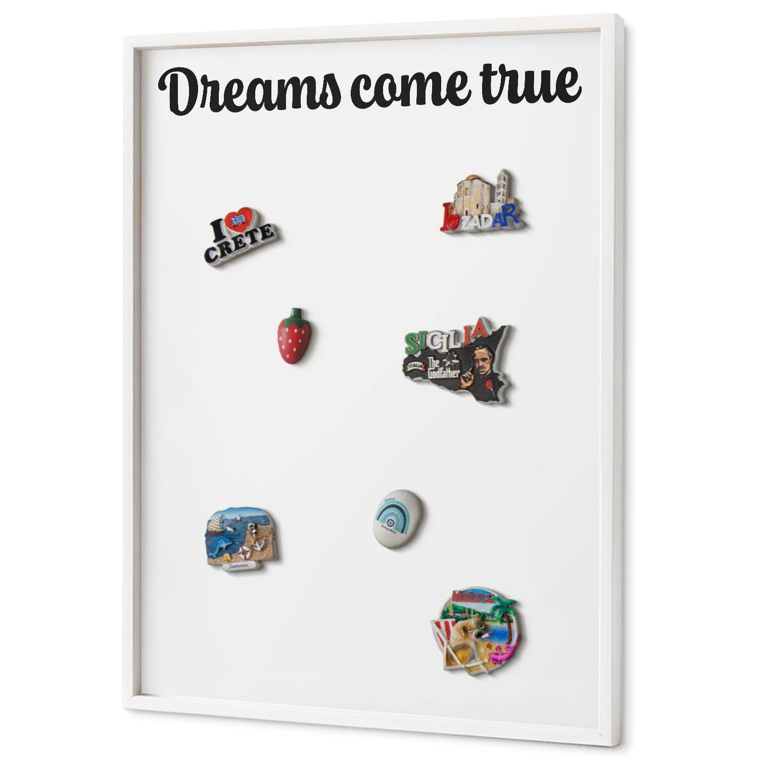 Panel Magnético 70x100 cm | con Marco Blanco | Dreams Come True | Montaje Fácil | Organizador de Pared | Para Recuerdos de Vacaciones | Expositor de Imanes de Nevera y Postales | Para Cocina