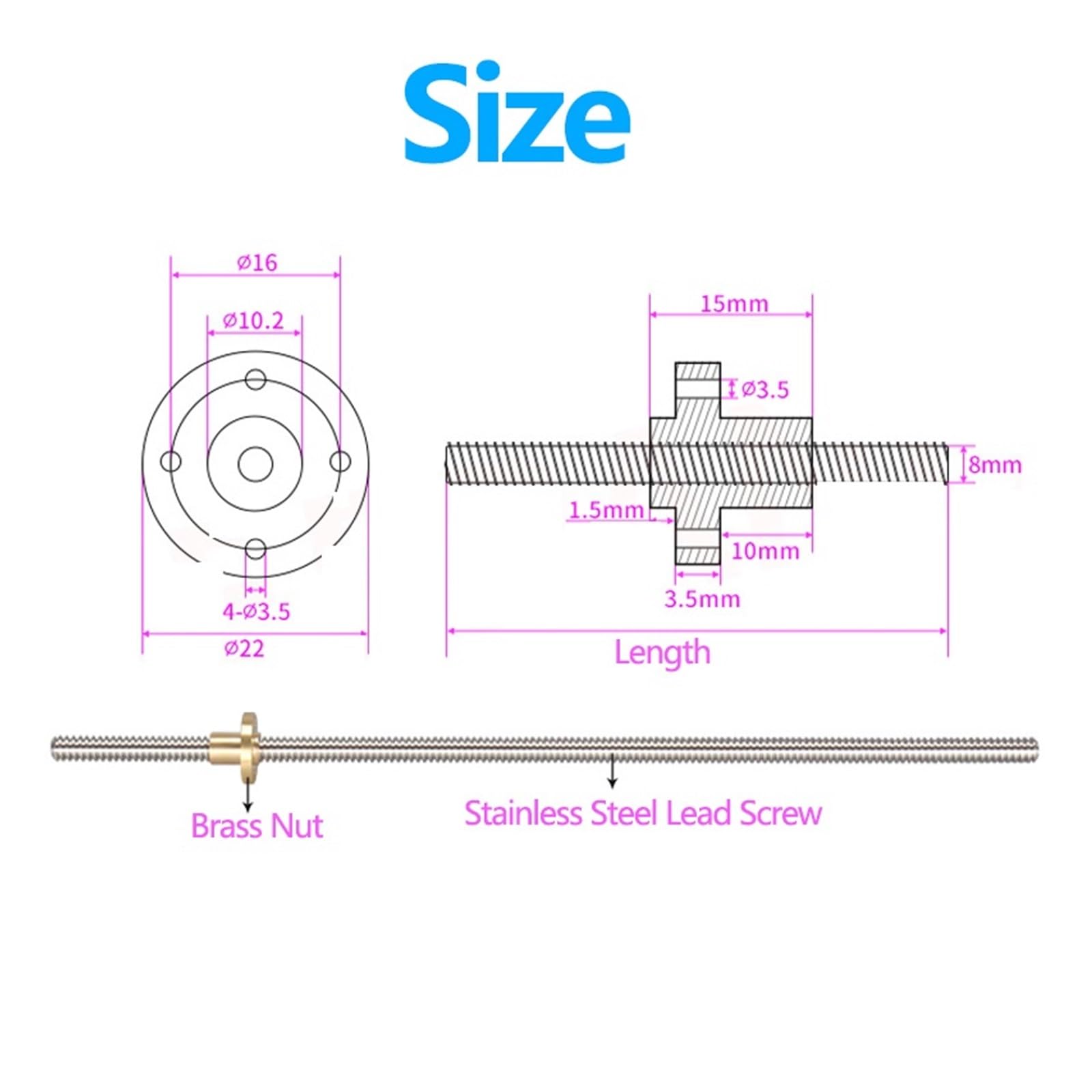 Metal Ball Screw nut 304 Stainless Steel Threaded Rod Lead Screw with T8 Brass Nut for 3D Printer Machine Z Axis Linear Guides Stepper Motor(330mm (2PCS))