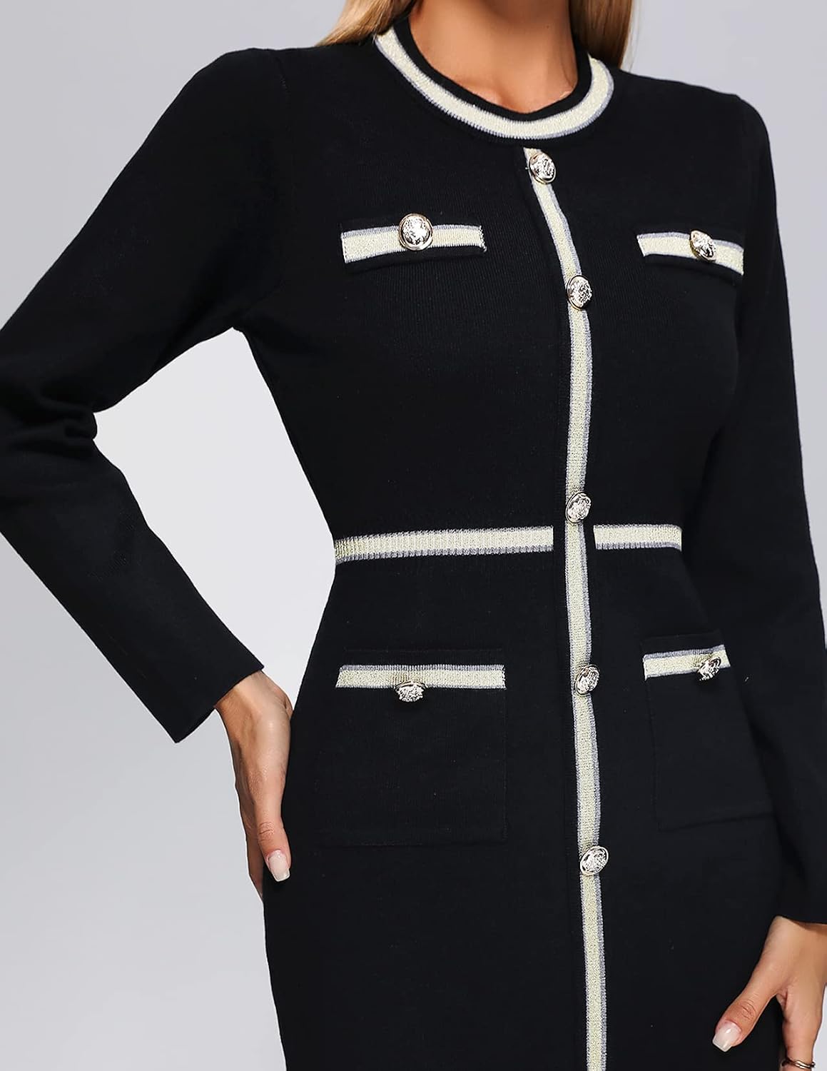 BELLA BARNETT Scoop Neck Knit Dress Buttoned Elegant Dress Sweater Dress