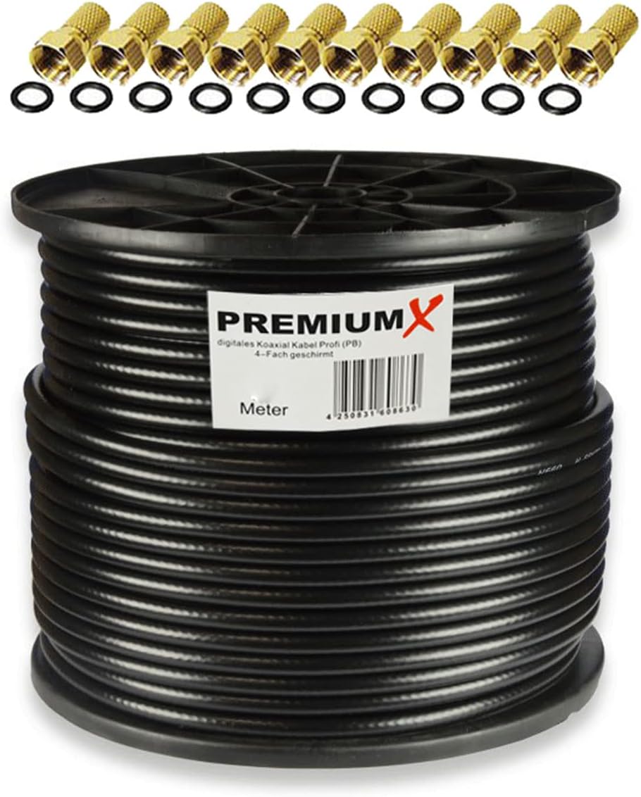PremiumX 100 m Professional Coaxial Cable Black 135 dB 4-Way Pure Copper Coaxial Cable Satellite Cable Satellite Cable 10x F-Connector