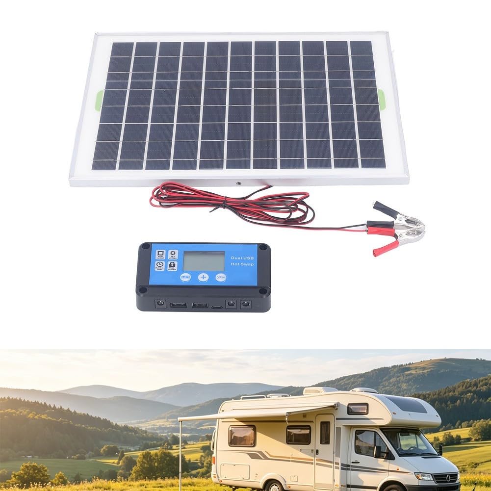 Kit pannello solare policristallino da 20 W con regolatore di carica da 10 A per la ricarica della batteria da 12 V in ambienti esterni e luoghi di lavoro (include controller)